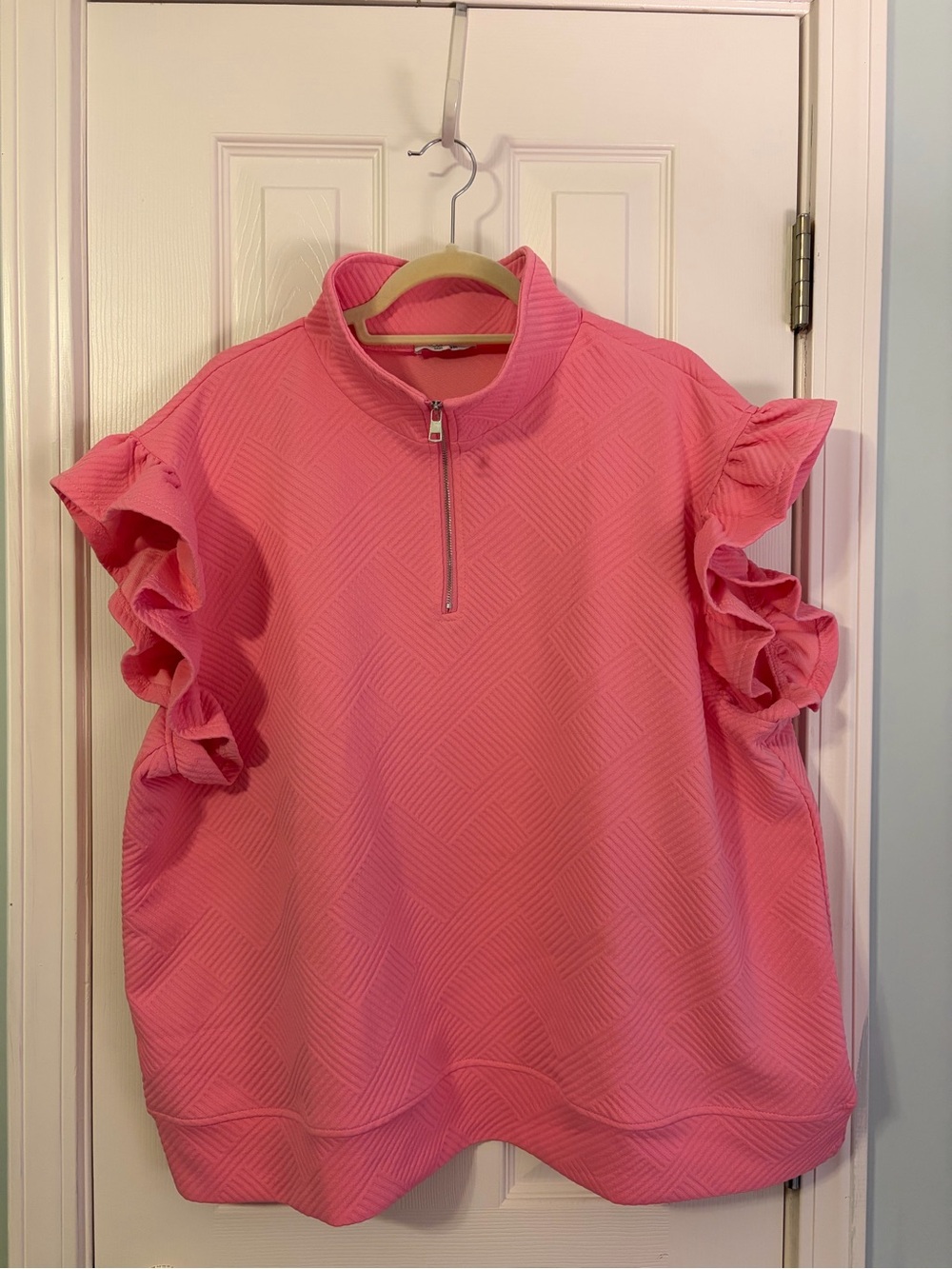Double Take Pink Ruffle-Sleeve Quarter-Zip Pullover and Short Set